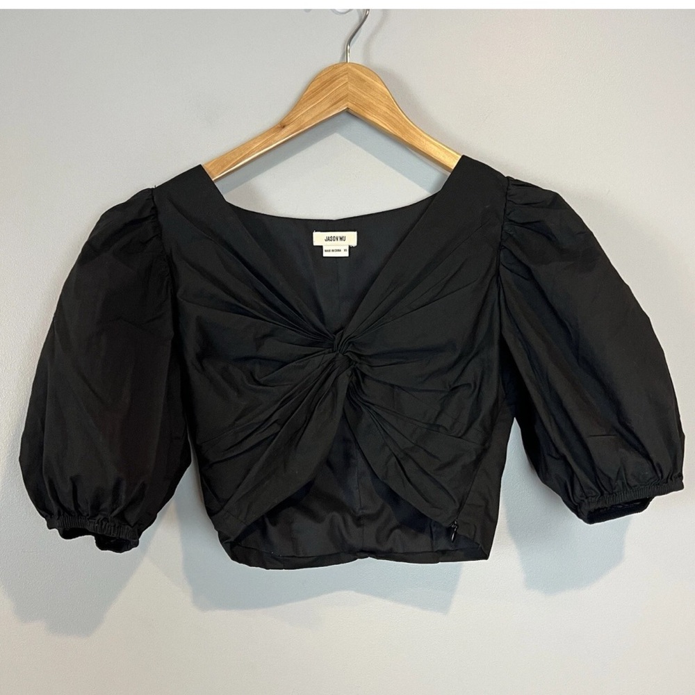 New Jason Wu Twist Front Puffy Sleeve Black Poplin Crop Blouse M